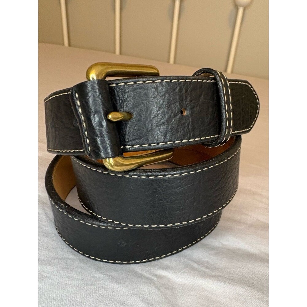 Orvis Black Leather Belt Brass Buckle Contrast Stitch USA 38
